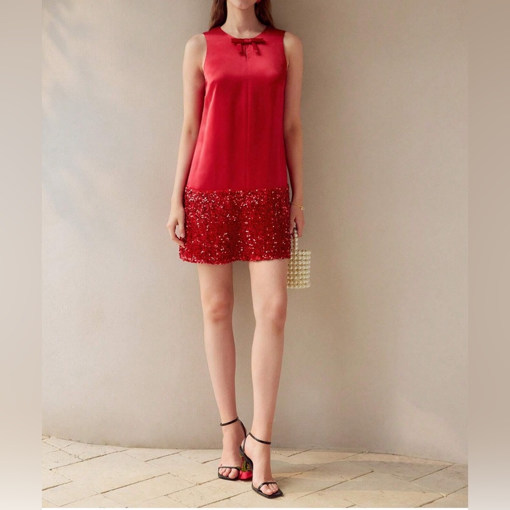 Bow Front Contrast Sequin Hem Mini Dress Red